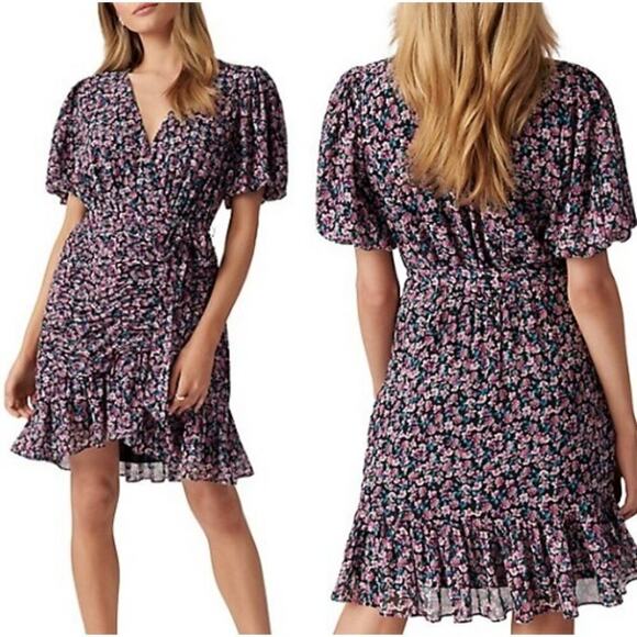 Ever New Melbourne Eleanor Ruched Floral Asymmetric Mini Dress Purple Women's 0 - Picture 1 of 7